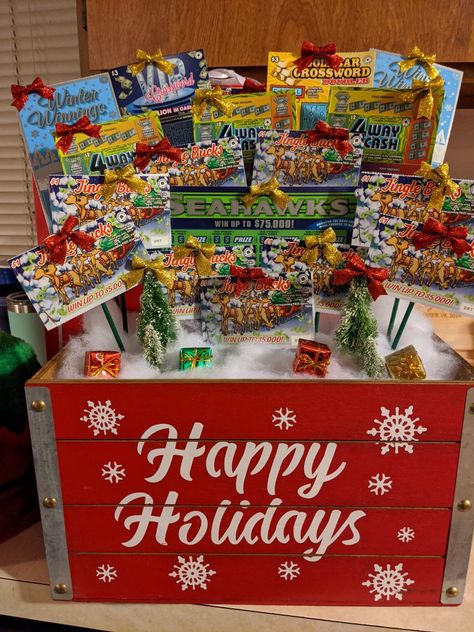 Lottery Ticket Ideas, Lotto Ticket Raffle Basket, Christmas Lottery Tree, Lottery Ticket Raffle Basket Ideas, Lotto Christmas Tree, Winterwonderland Lotto Basket, Lottery Ticket Xmas Tree, Christmas Lottery Ticket Gift Ideas, Family Night Basket