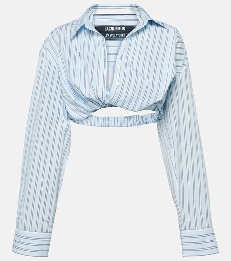 La Chemise Bahia Courte striped cotton top in blue - Jacquemus | Mytheresa Versace Brand, Name Print, Shearling Jacket, Lookbook Outfits, Color Name, Cotton Top, Lace Tops, Swimwear Tops, Cotton Tops