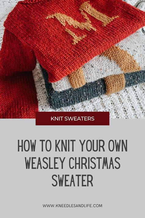 Knitting For Beginners Patterns Sweaters, Mrs Weasley Sweater Pattern, Diy Knit Sweater Pattern, Knit Letters Pattern, Interesting Knitting Patterns, Holiday Sweater Knitting Patterns, Knitting Projects Clothes, I Love This Yarn Patterns, Self Patterning Yarn