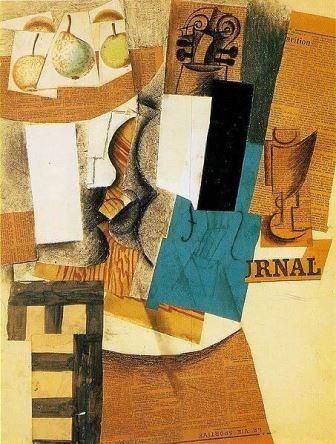 By 1912 Picasso and Braque were gluing real paper (papier collé) and other materials (collage) onto their canvases, taking a stage farther the Cubist conception of a work as a self-contained constructed object. That Synthetic phase (1912–14) saw the reintroduction of colour, while the actual materials often had an industrial reference (e.g., sand or printed wallpaper). Picasso Still Life, Picasso Collage, Synthetic Cubism, Cubist Artists, Appropriation Art, Cubist Movement, Cubist Paintings, Maurice Denis, Collage Techniques