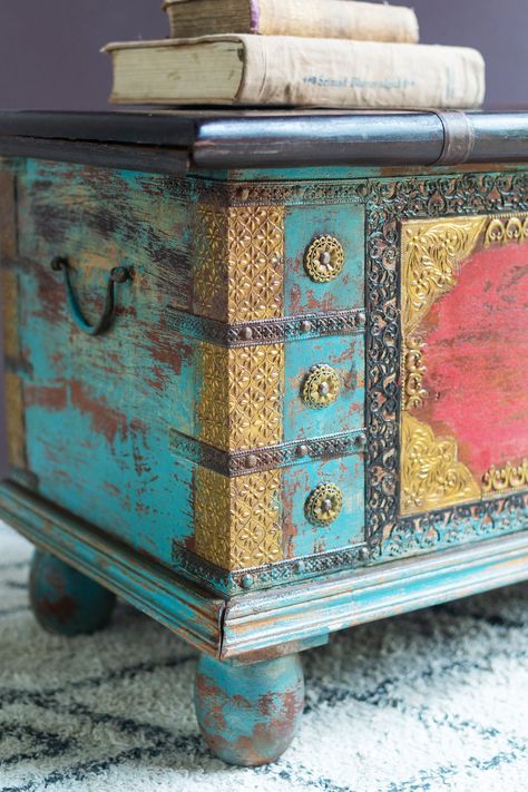 Teal Painted Furniture, Furniture Remodel, Ian Snow, Painted Bookshelves, Painted Trunk, Velvet Footstool, Painted Cupboards, Wooden Trunks, Bohemian Furniture