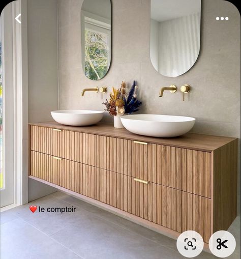 Modern Wood Bathroom Vanity, Japandi Vanity, Vanity Cabinets Bathroom, Bathroom Cabinet Ideas, Floating Wood Vanity, Statement Bathroom, Bathroom Inspo Interior Design, Wooden Bathroom Vanity, Bathroom Vanity Ideas