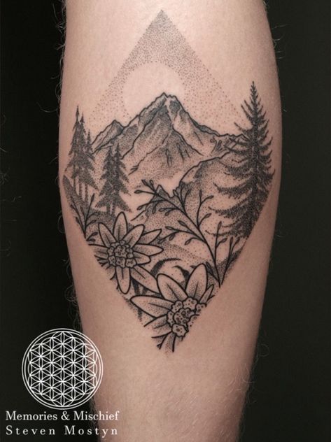 Mountain Filler Tattoo, Mountain With Clouds Tattoo, Mountain Leg Tattoos Women, Breckenridge Mountain Tattoo, Female Mountain Tattoo, Tennessee Mountain Tattoo, Austria Tattoo Ideas, Mountain Wildflower Tattoo, Landscape Back Tattoo