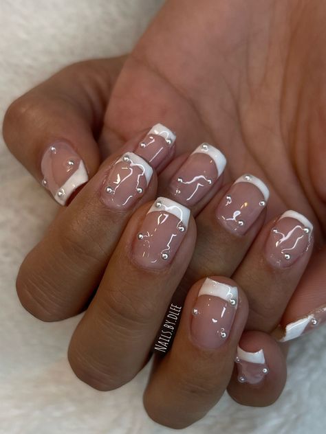 French Tip With Charms, Pearl French Nails, Natural Acrylic, Natural Acrylic Nails, Short French, Hard Nails, Work Uniform, French Nails, How To Do Nails