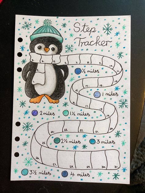 Penguin themed bullet journal step tracker January Bujo Spread, December Bullet Journal Mood Tracker, Bullet Journal January Ideas, Journal Step Tracker, Step Tracker Bullet Journal, January Bullet Journal Mood Tracker, Bujo January Theme, Weather Tracker Bullet Journal, Bujo Tracker Ideas