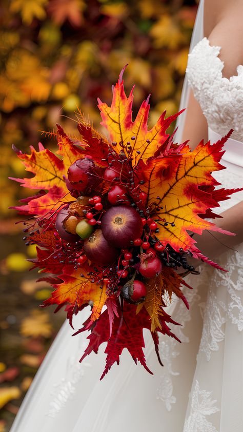 Maple Leaf-Inspired Bouquets: Unique Fall Wedding Ideas Fall Leaf Bouquet, Autumnal Flowers Wedding, Fall Leaves Bouquet, Wedding Bouquet Fall Colors, Waterfall Bouquet Wedding, Flower Arrangements Autumn, Wedding Decorations Autumn, Orange Red Wedding, Flower Bouquet Autumn