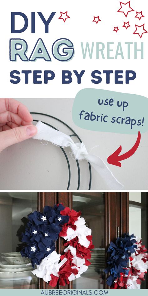 DIY rag wreath tutorial for easy patriotic decorations Fleece Wreath Diy, Denim Rag Wreath, Fabric Tie Wreath, How To Make A Fabric Wreath, Fabric Strip Wreath, Rag Wreaths How To Make A, Fabric Wreaths Diy No Sew, Red White And Blue Wreath Diy, Rag Wreath Ideas