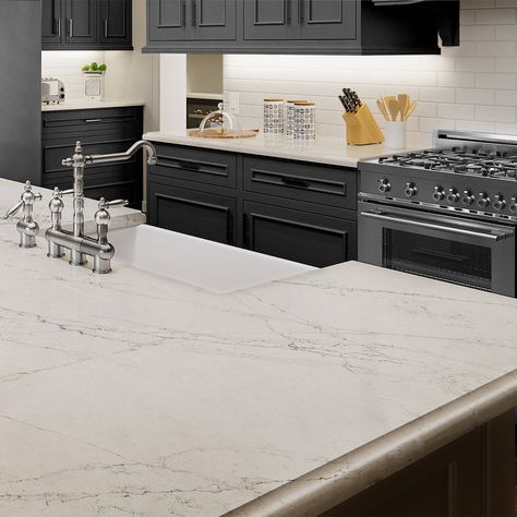 Quartz With Gold Veining, Backsplash With White Quartz Countertops, Quartz Countertops With White Cabinets, Calcutta Quartz Counter Tops, White Quartz Countertop Kitchen, Quartz Kitchen Countertops Colors, Quarts Counter Tops Kitchen, Kitchen Countertops Grey, Quartz Kitchen Countertops White