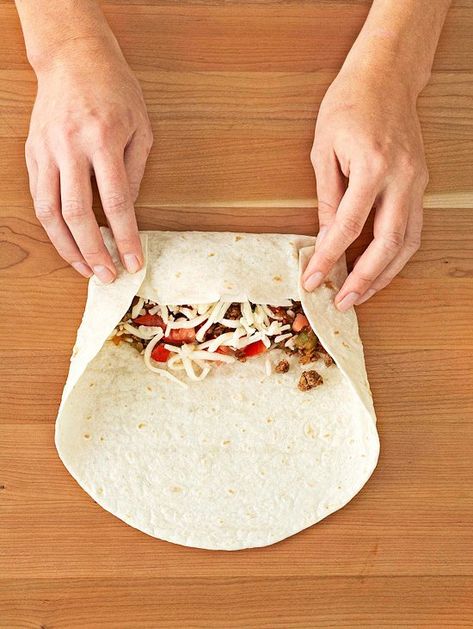 Folding Opposite Sides In and Over Filling Burrito Filling Recipe, How To Make Burritos, Good Burrito Recipe, Fold A Burrito, Beef Burrito Recipe, Best Burrito, Mexican Favorites, Burrito Wrap, Light Dinner Recipes