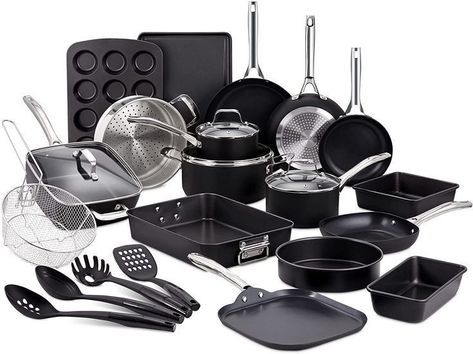 Black Kitchen Pots And Pans, Black Pots And Pans Set, Pots And Pan Set, Black Pots And Pans, Minneapolis Downtown, Downtown Condo, Kitchen Essentials List, Tasty Dessert, Ceramic Cookware