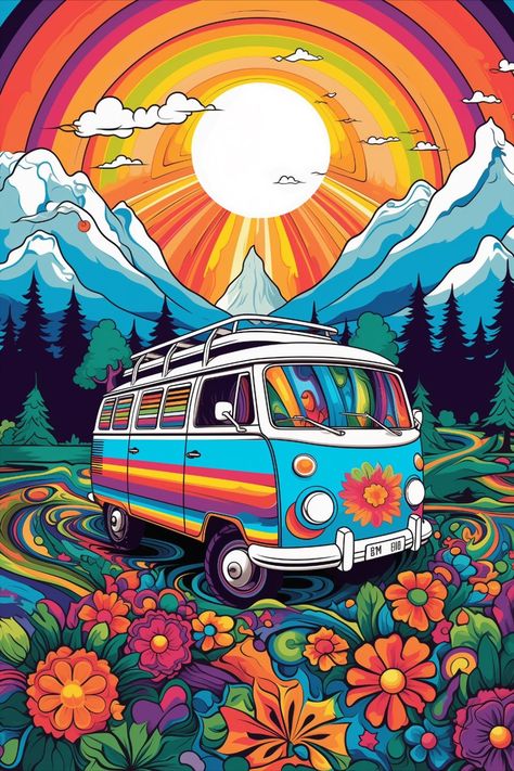 Hippie Room Decor Bohemian, Van Traveling, Vw Hippie Van, Hippie Pictures, Van Hippie, Surreal Art Painting, Mundo Hippie, Hippy Art, Surreal Landscape