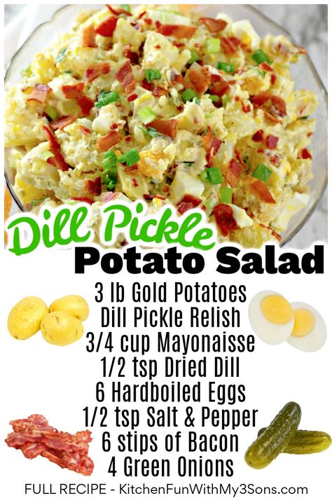 Bacon Potato Salad Recipe, Dill Pickle Potato Salad, Pickle Potato Salad, Bacon Pea Salad, Potato Salad With Bacon, Best Potato Salad, Potato Salad Dill, Homemade Potato Salads, Potatoes Crispy