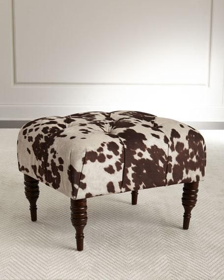 Brown and White Spotted Tufted Turned Legs Ottoman Upholstered Bench Bedroom, Mid Century Accent Chair, Entryway Dining Room, Upholstered Bedroom, Fabric Bench, Modern Rustic Decor, Brown Cow, Interior Design Rustic, Tufted Ottoman