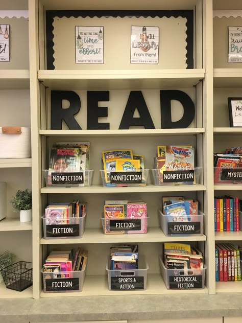 Library Corners In Classrooms, Neutral Book Corner Classroom, Classroom Library Storage, Simple Classroom Library, Bookshelf Classroom Ideas, Bookshelf For Classroom Library, Classroom Book Storage Class Library, Teacher Library Organization, Small Book Corner Classroom