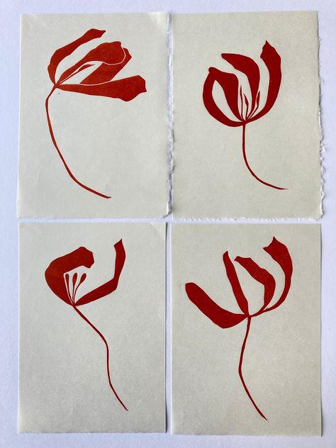 Tulip study Burnt Orange. An single study print. One of 4 options available. original print inspired by quick sketches made of tulips as they twist and contort. This listing is for a single print from a collection of 4, please select your print option from the drop down list. The second photo shows the different options. These bold silhouettes of colour, can be hung as part of a group or displayed as a single striking print.  The was hand carved and hand printed using water washable inks onto Ha Quick Sketches, Lino Art, Arte Inspo, Japanese Paper, Arte Floral, Leaf Art, Art Abstrait, Ink Color, Original Prints