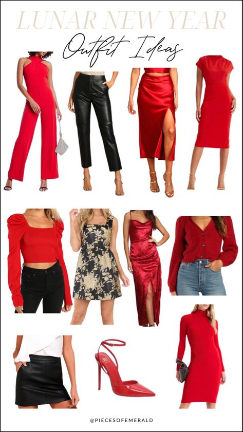 Lunar new year outfit ideas Cny Outfit Ideas Casual, Lunar New Year Clothes, Chinese Lunar New Year Outfit, Square Nails Ideas Red, Chinese New Year Outfit Casual, Nails Ideas Red And Black, Lunar New Year Outfit Casual, Red Black And Gold Outfit, Chinese New Year Outfit Ideas