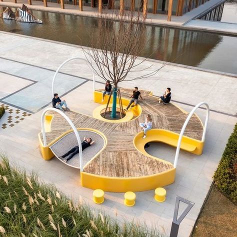 Public Open Space Urban Design, Fun Outdoor Furniture, Outdoor Public Space Design, Street Scape Design, Urban Landscape Design Public Spaces, Public Space Architecture, Playgrounds Architecture, Playground Landscaping, Collaborative Space