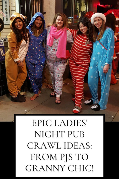 The ultimate guide for an epic ladies' night pub crawl! From cozy PJ parties to adventurous cosplay nights, our blog offers creative themes like Christmas in July, Drunk Trivia Pub Crawl and even a Sober Crawl! Get tips for making your night unforgettable with Game Nights Galore. Perfect for those looking to spice up their nights out with the girls! Bar Crawl Themes Costumes, Pub Crawl Themes, Christmas Bar Crawl Outfit, Bar Crawl Themes, Night Out Themes, Pub Crawl Ideas, Bachelorette Night Out Outfit Themes, Pj Party Outfit, Bar Crawl Outfit