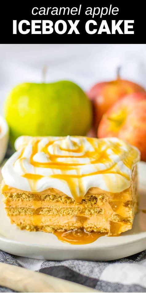 layers of apple icebox cake with caramel drizzled on top Cinnamon Graham Crackers, Caramel Apple Pie Recipes, Baked Caramel Apples, Cake No Bake, Fruit Pie Filling, Homemade Apple Pie Filling, Baked Caramel, Apple Dump Cakes, Caramel Drizzle