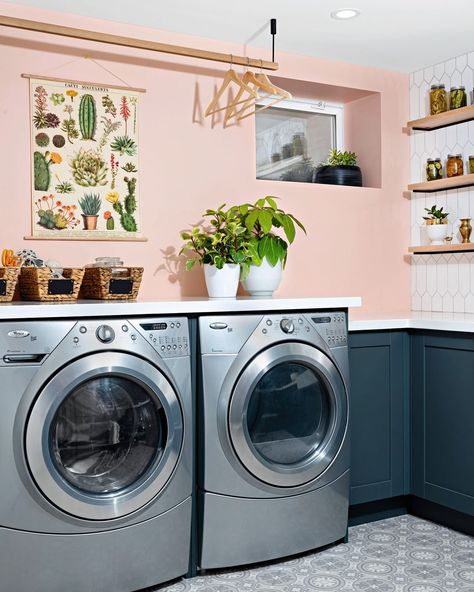 Style at Home on Instagram: “All too often, our laundry rooms become a space of storage and clutter; a place where we spend a lot of our time but rarely put time and…” Pink Laundry Room, Pink Laundry, Pink Laundry Rooms, Laundry Room Colors, Old Refrigerator, Single Wide Mobile Homes, Green Laundry, Basement Laundry Room, Basement Laundry