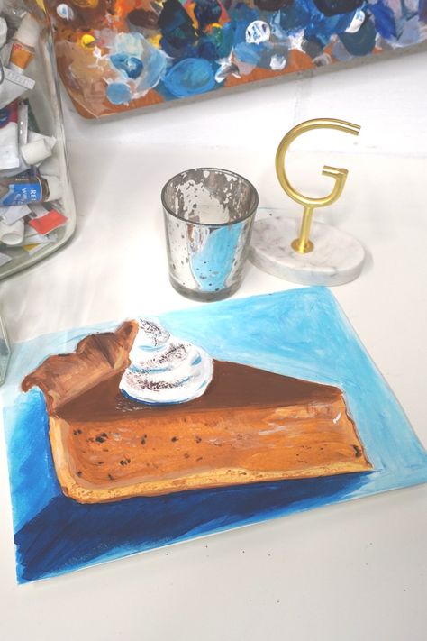 An easy acrylic painting tutorial of a slice of pumpkin pie, perfect for Thanksgiving. Thanksgiving Art Projects For Middle School, Pie Art Project, November Painting Ideas, Pumpkin Pie Art, Thanksgiving Middle School, Fall Acrylic Painting, Pie Painting, Pie Drawing, Thanksgiving Art Projects