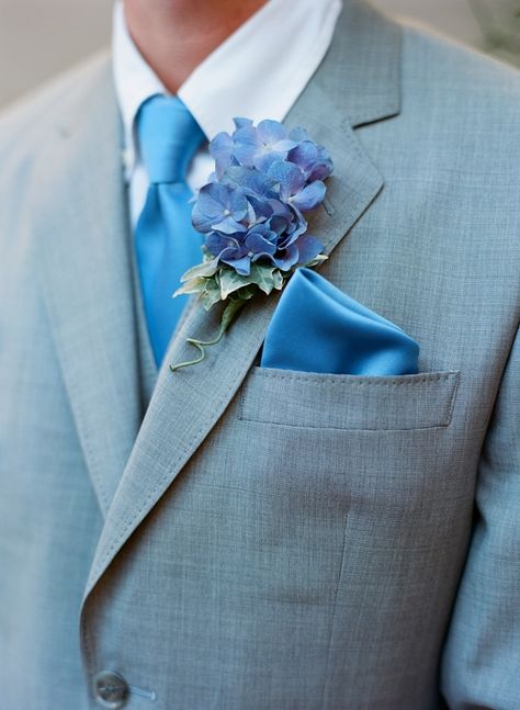 Gray Suit With Blue Silk Tie | photography by http://www.carriepattersonphotography.com/ Hydrangea Corsage, Hydrangea Boutonniere, Tie Photography, Blue Hydrangea Wedding, Blue Weddings, Matching Colours, Black And Khaki, Blue Wedding Inspiration, Hydrangeas Wedding