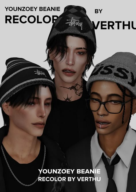 if u havent noticed stussy is like. one of my all time favorite brand. so yeah, stussy beanies!  a recolor of younzoey beanie. everything’s included. and uhhh don’t do bad things ok bye have fun    also... Sims 4 Beanies Cc, Male Accessories Sims 4 Cc, Sims 4 Cc Hats Accessories, Male Clothing Sims 4 Cc, Sims 4 Hats Cc, Sims 4 Cc Hoodie, Sims Dress, Male Sims, Sims 4 Men Clothing