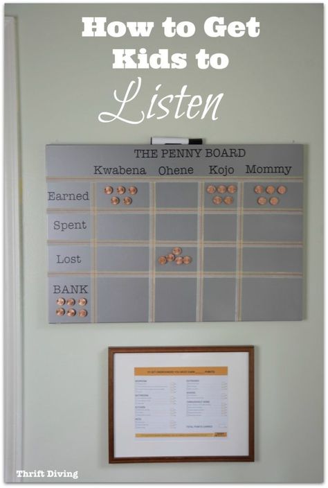 DIY behavior chart - How to Get Kids to Listen Using a system called The Penny Method - Here's how it works: Each day kids get 5 pennies. They must listen and have good behavior in order to keep their pennies to "buy" electronics time at the end of the day or to buy special treats. If they misbehave, they lose a penny. To earn back that penny (or get ungrounded) they must do a chore from the #COITchecklist. Great for getting kids to listen and limiting their screen time! Thrift Diving #AD Diy Behavior Chart, Reupholstering Furniture, Limit Screen Time, Child Behavior Chart, Penny Board, Behavior Chart, Kids Rewards, Toddler Discipline, Discipline Kids