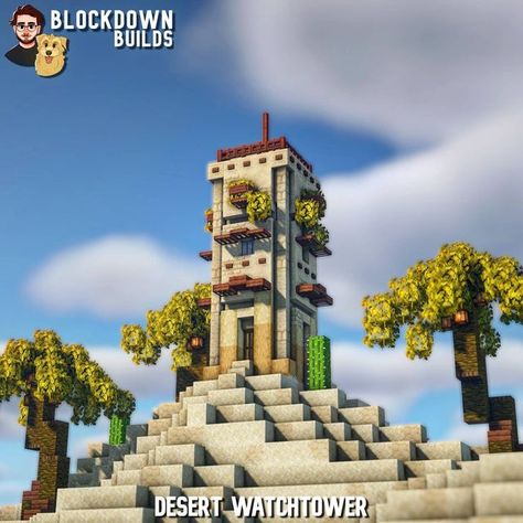 Minecraft Desert Building Ideas, Minecraft Building Ideas Desert, Minecraft Desert Village Remodel, Minecraft Watchtower Ideas, Minecraft Desert Builds, Minecraft Desert House, Minecraft Oasis, Minecraft Desert, Desert Village