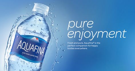 Fresh and pure, Aquafina® is the perfect companion for happy bodies everywhere. Water Ads, Alkaline Water Brands, Nestle Water, Branded Water Bottle, Mineral Water Bottle, Natural Mineral Water, Natural Spring Water, Water Company, Water Poster