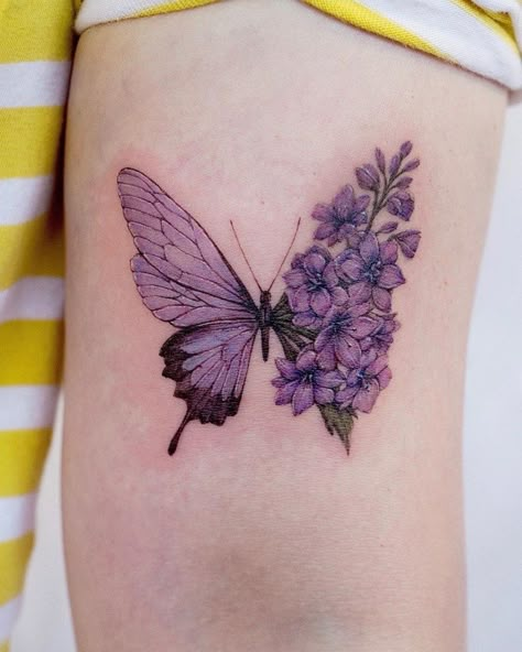 July Birth Flower Tattoo, Realistic Butterfly Tattoo, Purple Butterfly Tattoo, Butterfly With Flowers, Butterfly Tattoos On Arm, Unique Butterfly Tattoos, July Birth Flower, Small Butterfly Tattoo, Butterfly Tattoos For Women