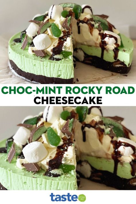 When cheesecake, choc-mint, and rocky road join forces, it's a dessert like no other. This no-bake dessert features decadent dark chocolate, a fresh kick from the addition of mint, and a creamy, tart cream cheese filling. Whether you're baking for Christmas, a birthday party, or a simple get-together, this marshmallow and whipped cream-topped dessert will be the star. Make sure to prep it in advance, as the cheesecake will need to chill for 6 hours! Choc Mint Dessert, Choc Mint Cheesecake, Rocky Road Cheesecake, Baking For Christmas, Mint Slice, Mint Desserts, Mint Cheesecake, Bake Dessert, Green Food Coloring