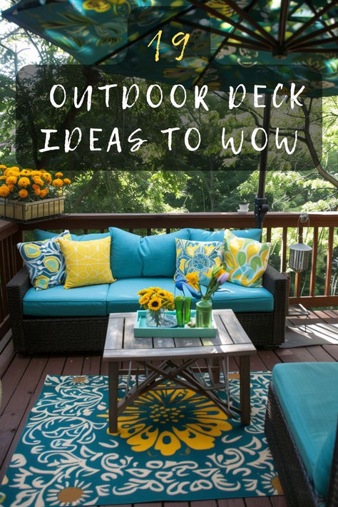 Want to add charm and functionality to your deck? 🌴☀️ I've gathered 19 clever deck decorating ideas! Looking for space-saving furniture, lush vertical gardens, or ambient lighting solutions? Click to explore these stylish concepts that'll transform your deck into an inviting outdoor retreat! 💡🌻 #DeckDecor #OutdoorFurniture #VerticalGarden #PatioLighting #BackyardDesign Colorful Deck Decorating Ideas, How To Arrange Deck Furniture Layout, Decorating A Deck For Summer, Deck Furniture Inspiration, Back Deck Vibes, Uncovered Back Deck, Large Deck Layout, Large Deck Decorating Ideas, Outdoor Deck Decorating Ideas