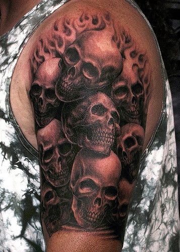 Pile of skulls tattoo | black and gray tattoo by Matthew Ame… | Flickr Tattoo Crane, Tato 3d, Skull Tattoo Designs, Tatoo 3d, Skull Sleeve Tattoos, Skull Sleeve, Mens Shoulder Tattoo, Skeleton Tattoos, Elbow Tattoos