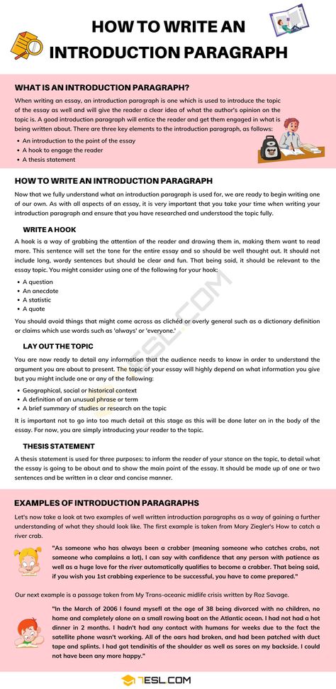 Introduction Paragraph: How To Write An Introduction Paragraph (with Examples) - 7 E S L Essay Writing Introduction, Introduction Essay Example, College Introduction Paragraph, How To Write An Introduction To An Essay, How To Write A Introduction Paragraph, Essay Writing Tips Introduction, How To Write A Good Essay Introduction, Opening Paragraph Examples, How To Write An Introduction