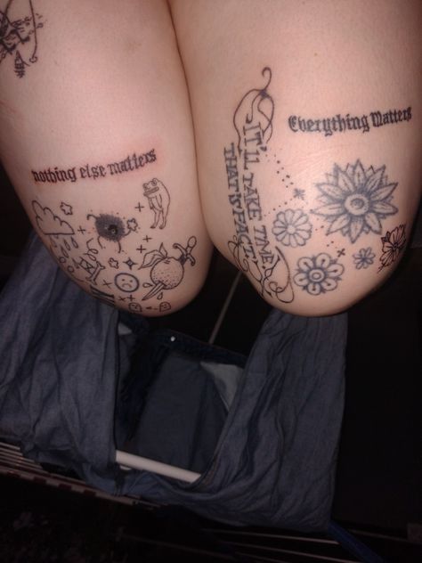 thighs tattooed with stick and poke tattoos including snufkin from moomins, metallica and aurora lyrics,moder baseball quote, flowers, over the garden wall, soot sprite Simple Stick N Poke Tattoos, Stick And Poke Arm Tattoos, Knee Stick And Poke Tattoo, Leg Stick And Poke Tattoo, Thigh Stick And Poke, How To Stick And Poke Tattoo, Edgy Stick And Poke Tattoo, Stick And Poke Sleeve, Big Stick And Poke Tattoo