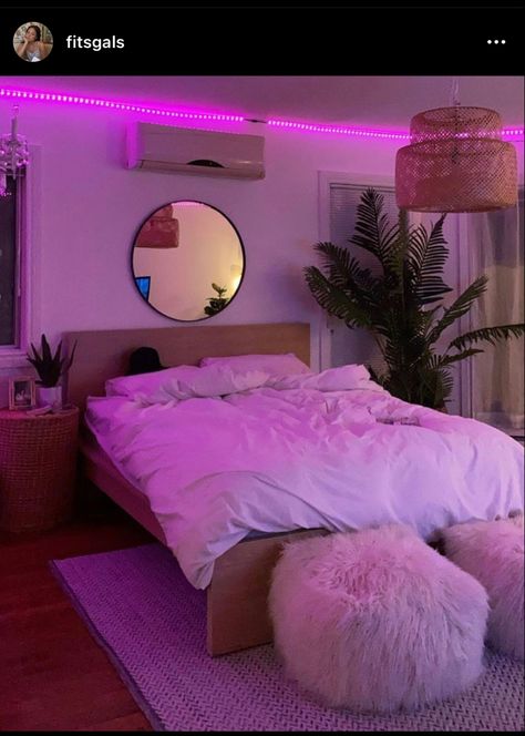 After Movie Apartment, Cute Led Signs, Cute Bedframes, Pink Neon Bedroom Aesthetic, Pink Room With Led Lights, Pink Led Room Aesthetic, Light Pink Led Bedroom, Led Lights Bedroom Aesthetic Pink, First Apartment Decorating