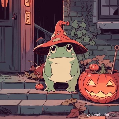 Autumn Witch Aesthetic, Fall Frog Wallpaper, Frog Witch Drawing, Cute Halloween Cat Art, Frog With Witch Hat, Spooky Cat Illustration, Frog Wallpaper, Fall Drawings, Disney Characters Videos