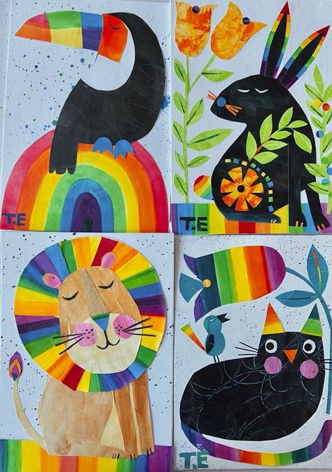 Primary School Crafts Art Projects, Collage Elementary Art, Preschool Animal Art, Animal Art For Preschoolers, Kolaj Art Ideas For Kids, Collage Kids Art Projects, Rainbow Animals Art, K 5 Art Lessons, Kids Collage Ideas