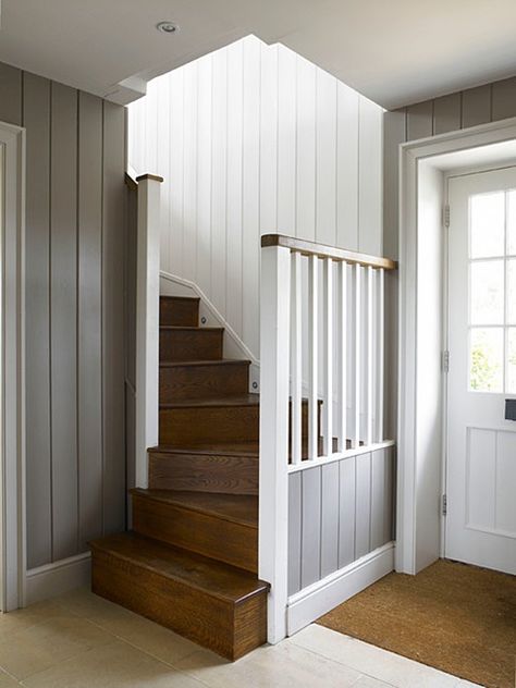 Vertical Shiplap Stairwell, Tongue And Groove Staircase, Simple Banister, Curved Stairway, Cottage Staircase, Vertical Panelling, Vertical Paneling, Farmhouse Staircase, Paneling Makeover