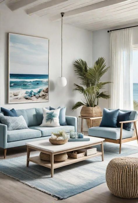 43 Modern Living Room Inspirations: Chic, Spacious, and Vibrant 8 Light Blue Living Room Color Scheme, Coastal Floor Lamps, Beach Apartment Decor, Light Blue Living Room, Chic Beach House, Modern Living Room Ideas, Vibrant Decor, Simple Living Room Decor, Furniture Selection