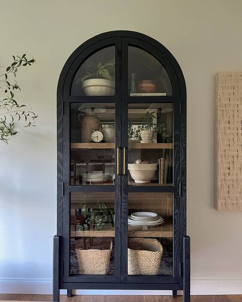 Decorating Our New Black Arched Display Cabinet Black Arched Cabinet Styling, Curial Cabinet, Arched Cabinet Styling, Curio Cabinet Decor Ideas Display, How To Style China Cabinet, Arched Cabinet Decor, Curio Cabinet Styling, Arched Black Cabinet, Arch Cabinet Living Room