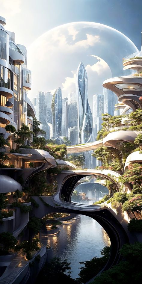 Scifi Artwork, Future Technology Concept, Sci Fi Architecture, Sci Fi Landscape, Science Fiction Artwork, Future Buildings, Eco City, Sci Fi City, Eco Architecture