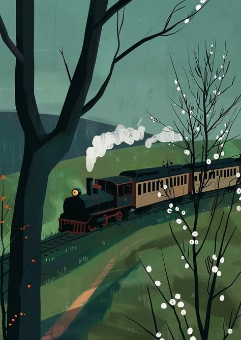 Midjourney AI Image: illustration of a Russian train. green spring → more in ai-img-gen.com Dutch Braid Updo, Stylized Illustration, Train Illustration, Large Tree, Green Spring, Puzzle Art, Green Landscape, Steam Engine, Steam Trains