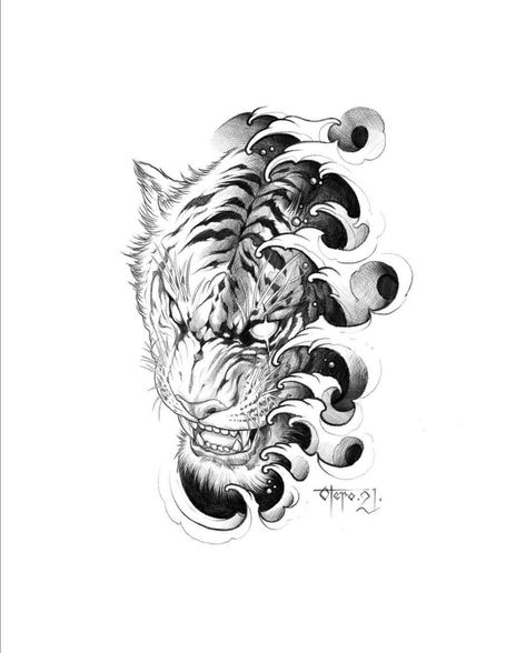 Black Work Tattoo Design, Koi Fish Drawing Tattoo, Tigre Y Dragon, White Tiger Tattoo, Tiger Head Tattoo, Japanese Tiger Tattoo, Tiger Tattoo Sleeve, Japanese Tiger, Tiger Tattoo Design