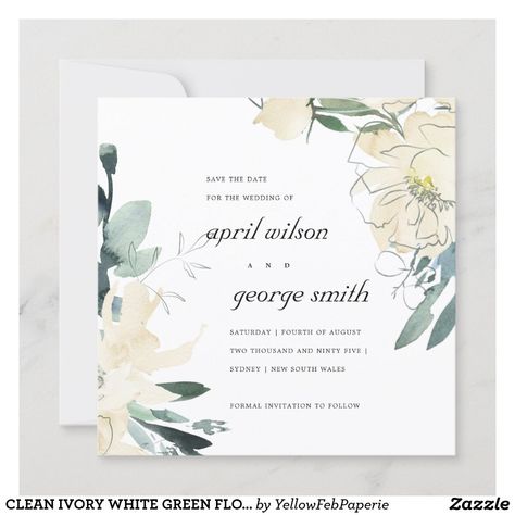 CLEAN IVORY WHITE GREEN FLORAL SAVE THE DATE CARD Post Wedding Brunch, Post Wedding Brunch Invitations, Floral Save The Dates, Custom Thank You Cards, Floral Baby Shower Invitations, Elegant Watercolor, Brunch Invitations, Gender Reveal Invitations, Save The Date Templates