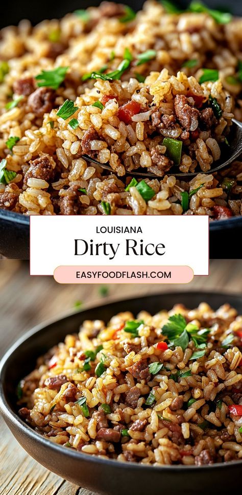 Louisiana Dirty Rice is a flavorful, hearty dish inspired by the rich culinary traditions of Louisiana. This savory rice dish is made with ground turkey or chicken, optional chicken livers, and seasoned with a combination of Cajun spices, garlic, and vegetables. Perfect as a side or main dish, this rice is sure to bring bold and delicious flavors to your dinner table. Turkey Dirty Rice, Best Dirty Rice Recipe, Louisiana Dirty Rice Recipe, Louisiana Dirty Rice, Cajun Rice Recipe, Cajun Dirty Rice Recipe, Cajun Comfort Food, Cajun Dirty Rice, Chicken Liver Recipes