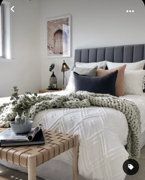 Room With Gray Headboard, Gray Headboard Master Bed, Light Grey Bedding With Accent Pillows, Grey Bed Inspo Ideas, Bed Inspo Grey Headboard, Grey Bed Frames Room Ideas, Dark Gray Bed Frame Room Ideas, Gray Bed Frame Decor Ideas, Bedding Ideas Dark Grey Headboard