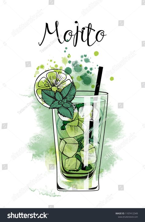 Mojito Watercolor, Mojito Drawing, Mojito Illustration, Drink Sketch, Cocktail Sketch, Drinks Drawing, Watercolor Cocktails, Cocktails Drawing, Food Art Painting