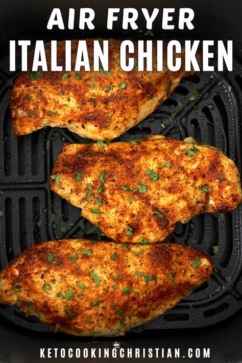 This delectable Air Fryer Italian Chicken recipe starts chicken perfectly seasoned with a zesty homemade Italian dressing mix. Cooked effortlessly in your air fryer until tender and juicy, your family will love it! #ketochicken #italianchicken #airfryerchicken Chicken Seasoning Air Fryer, Italian Seasoned Chicken, Air Fryer Italian Chicken, Italian Seasoning Chicken, Italian Dressing Chicken Air Fryer, Italian Chicken In Air Fryer, Chicken Spiedini Air Fryer, Good Seasons Italian Dressing Mix Recipe Chicken, Air Fryer Chicken Milanese With Mediterranean Salad